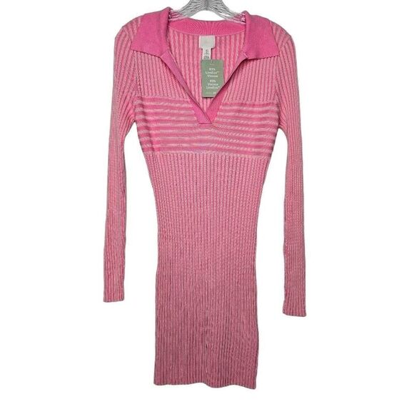 H&M Pink Rib-knit Dress with Collar Long Sleeves Size Medium - Picture 4 of 11
